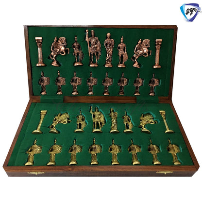 Folding Brass Roman chess figures & rosewood chess board set with storage of chess men.