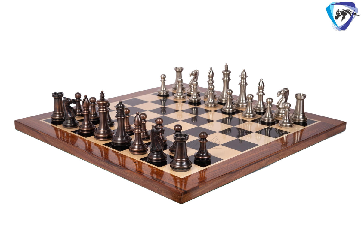 1849 Brass Staunton chess pieces set King: 4" MATTE STEEL-ANTIQUE finish+ 21" Ebony wood chess board(55mm) + Leather Storage box