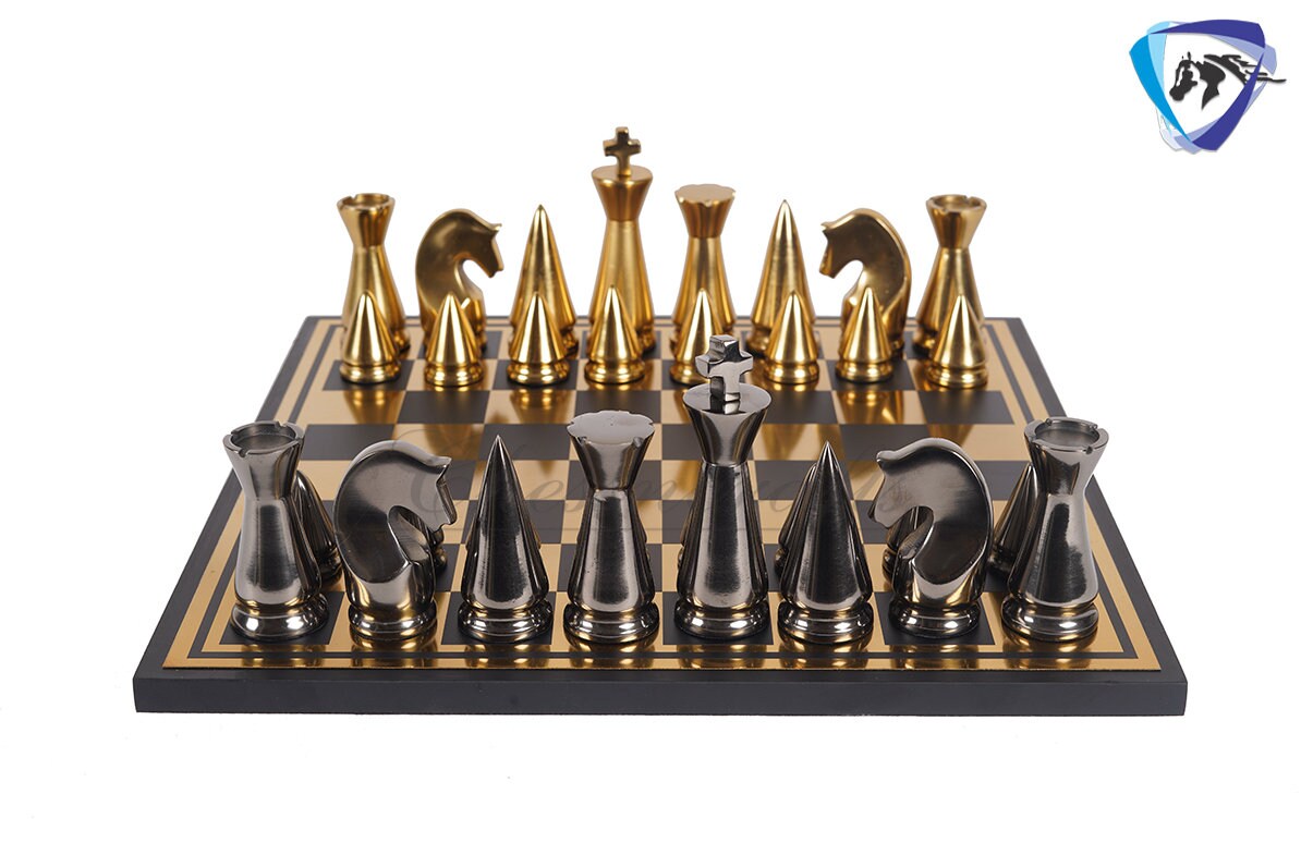 14" ART DECO Metal Chess Board Set designer King 4" Chess pieces with Chess board Modern Home Decor, Chess Gift-Leather Box