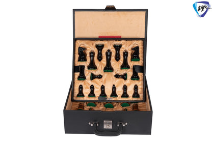 1849 Reproduced Morphy Cooke Chess Pieces Set 4.4" Antiqued Distressed & Ebony wood + 21" Ebony wood chess board(55mm) + Leather Storage box