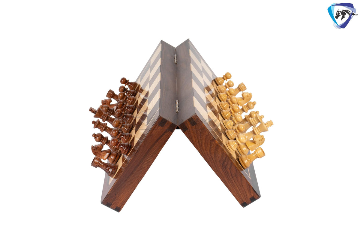 12" Foldable wooden chess board set - Magnetic chess pieces with extra queens - Rosewood Handmade travel chess with storage + cover
