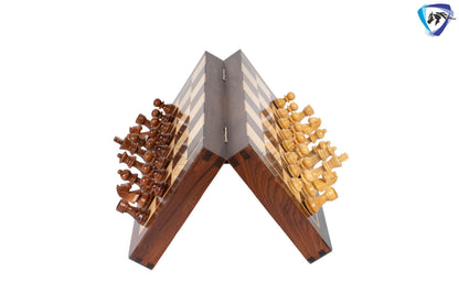 12" Foldable wooden chess board set - Magnetic chess pieces with extra queens - Rosewood Handmade travel chess with storage + cover