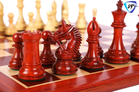 4.2" Red Rose wood Staunton Chess Set- EXCALIBUR- Weighted + 21" Bud Rosewood Chess Board + Leather Storage Box for chess men