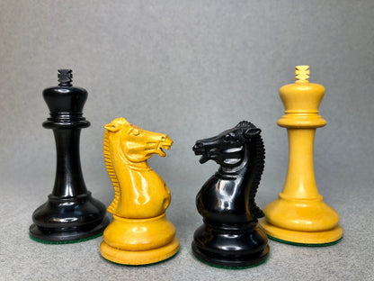 1854 Reproduction Walter Grimshaw Circa 3.5" Staunton Chess Pieces Set in Antiqued Boxwood & Ebony wood- Weighted Extra queens + Storage.