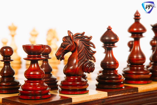4.5" Staunton Bud Rosewood Chess pieces Set- WILD STALLION + 21" Bud Rosewood Chess Board STEPS Border  + Leatherette storage Box.