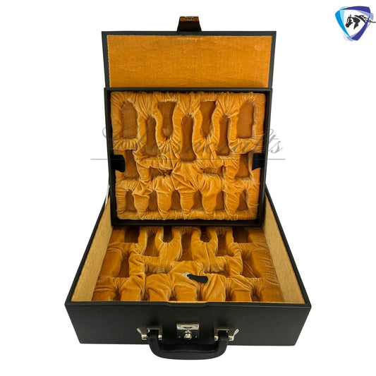 Leatherette Coffer Storage box for Chess Pieces of king Height: 4.0" to 4.5"- 2 Trays, Velvet lining & Lock w/ handle.