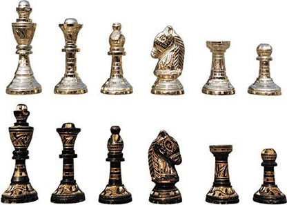 12" Brass Chess Board  set- & Staunton Hand carved chess men with hand carved chess board in velvet storage box