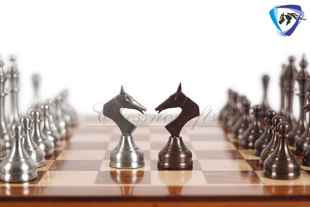 Brass Chess pieces set Modern classic Series SILVER & COPPER ANTIQUE polish King: 3.9" Solid Brass Chess pieces | Chess Gift for Him