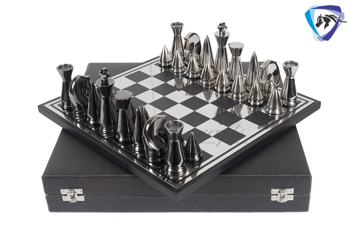 Luxury metal chess Board set Black-silver polish- chess Gift-Chess set for Home Decor - 14" Chess board set with Leatherette storage box