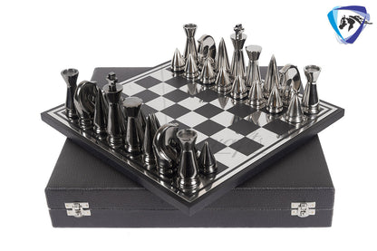 Luxury metal chess Board set Black-silver polish- chess Gift-Chess set for Home Decor - 14" Chess board set with Leatherette storage box