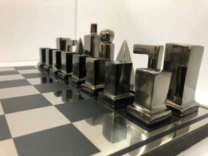 14" Metal chess Board Set- BAUHAUS INSPIRED Unique design-Black & Silver/Gold Metal Chess pieces-Chess gift- Luxury Metal chess Set