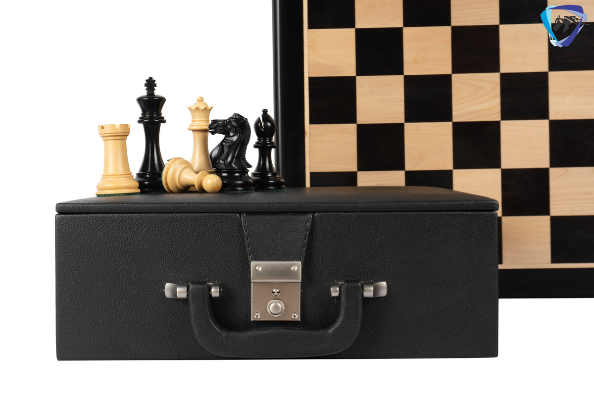 4.1" Staunton Chess Pieces Set Ebony wood - ENGLISH CLUB SERIES  Weighted +19" Ebony wood Chess Board + Storage Box