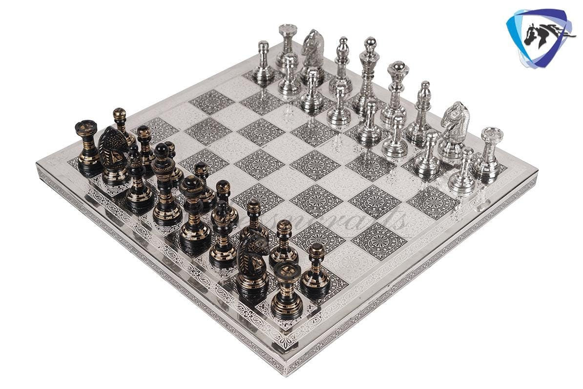 12" Brass Chess Board  set- & Staunton Hand carved chess men with hand carved chess board in velvet storage box