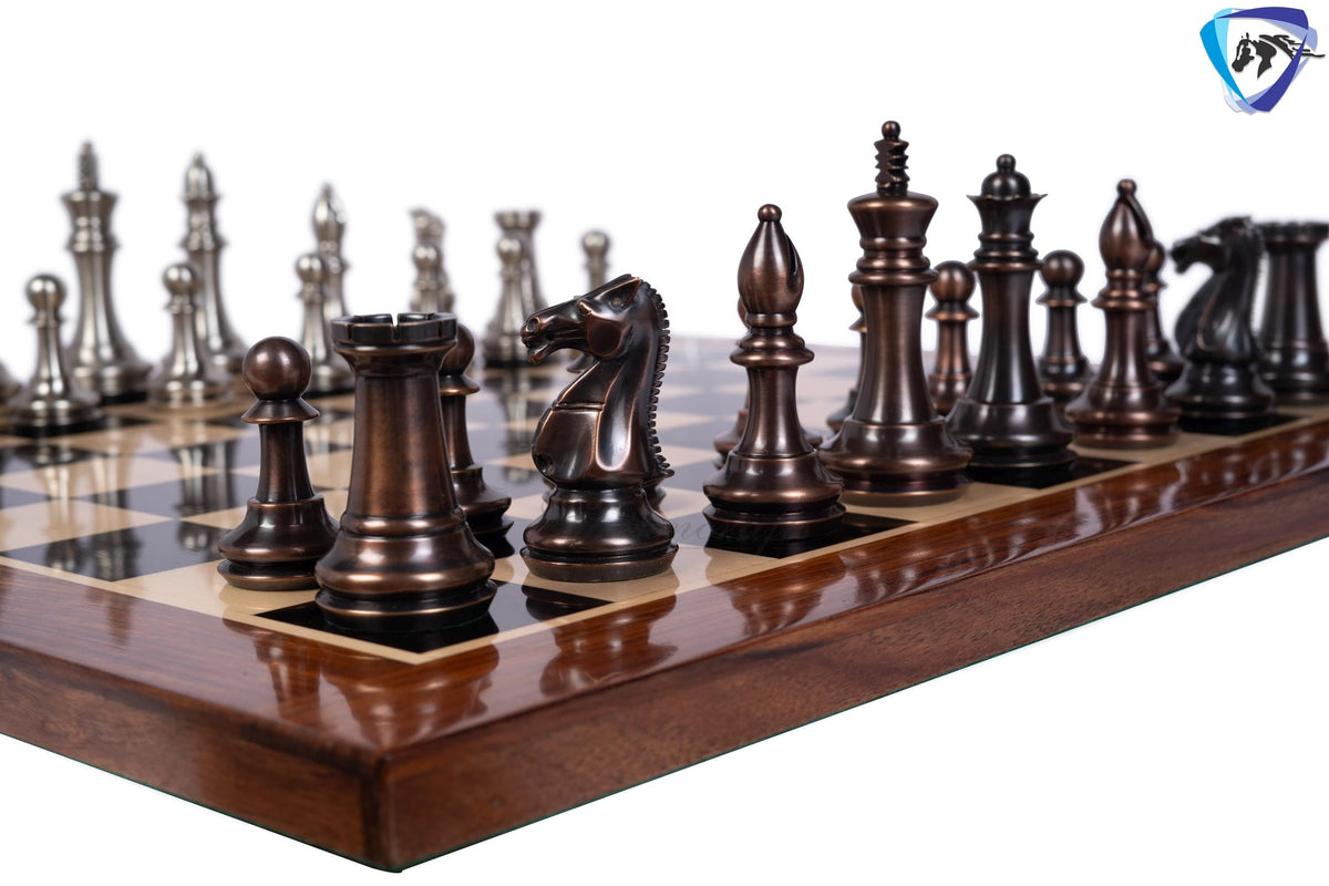1849 Brass Staunton chess pieces set King: 4" MATTE STEEL-ANTIQUE finish+ 21" Ebony wood chess board(55mm) + Leather Storage box