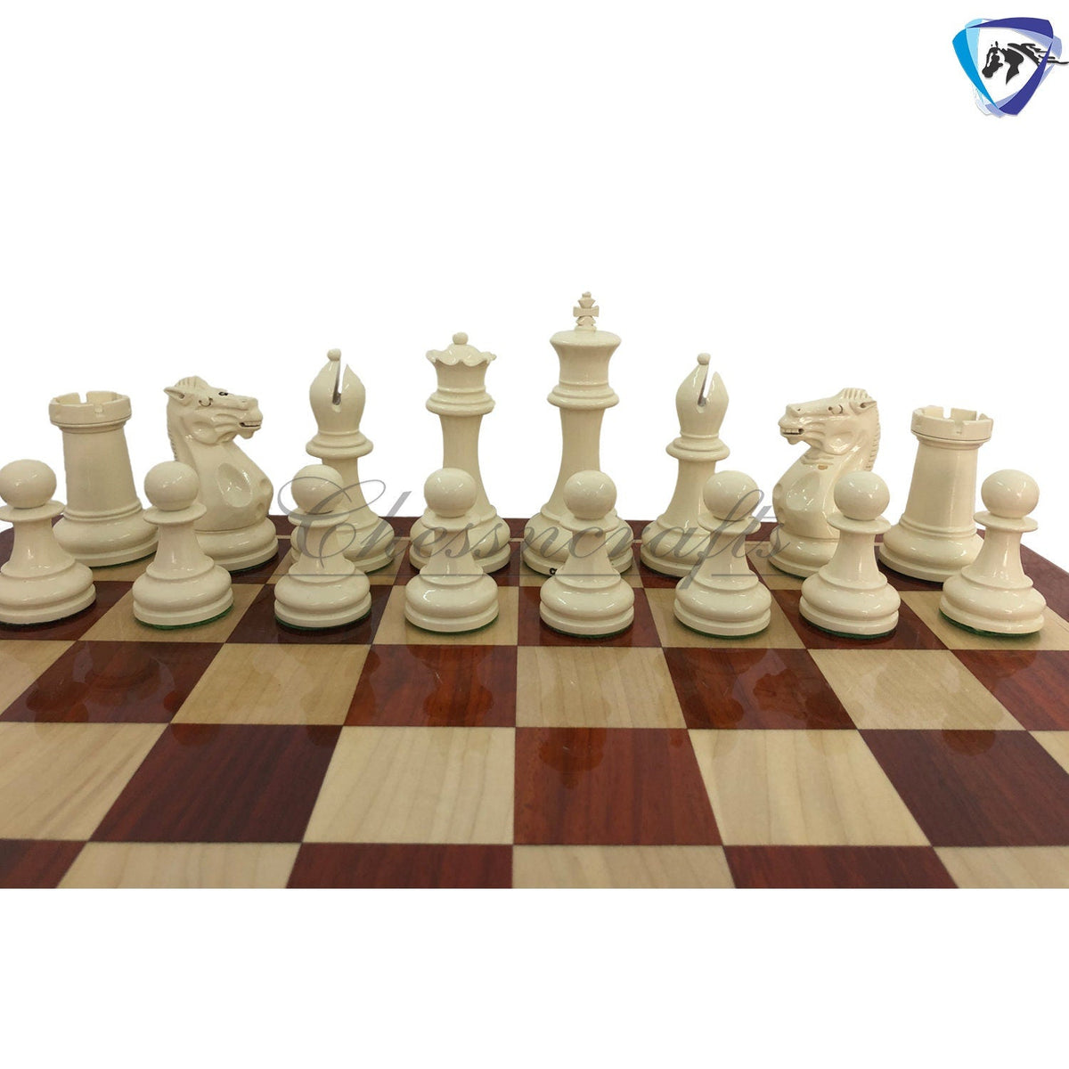 combo of 1849 Reproduced Staunton chess set 4.5" painted with Bud rosewood chess board 19" lacquered
