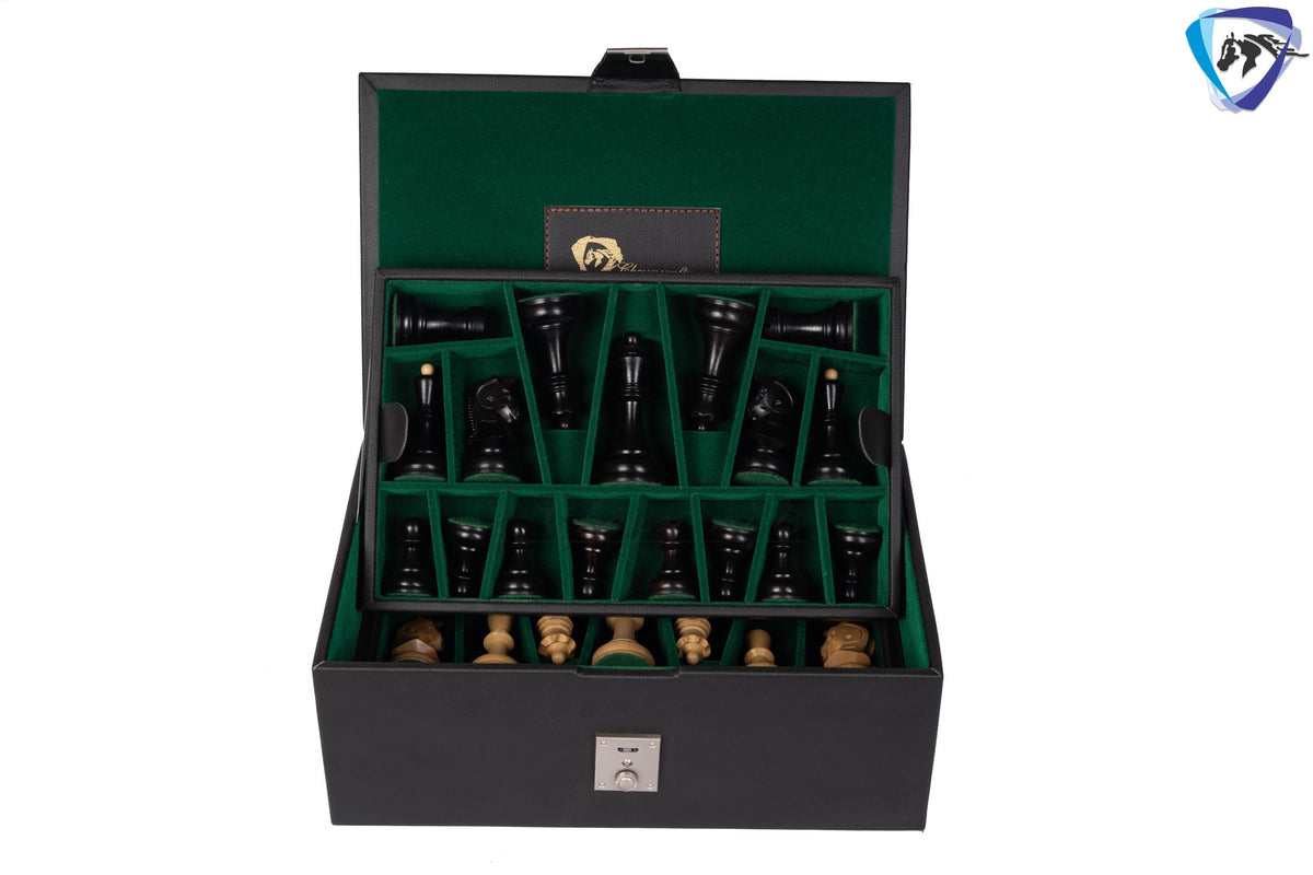 1950 Fischer Dubrovnik Ebonized boxwood chess pieces set King-3.8" + 21" Ebonywood chess board(SQ:55MM) + Leather Storage box-Luxury