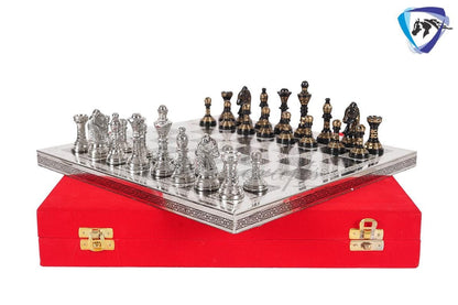 12" Brass Chess Board  set- & Staunton Hand carved chess men with hand carved chess board in velvet storage box