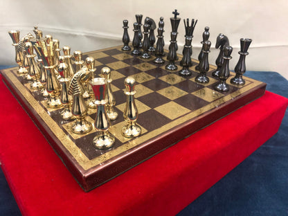 14" Brass Metal Chess Set with Brass chess Board and velvet storage box King 3.5" classical design gold & black glossy pieces.