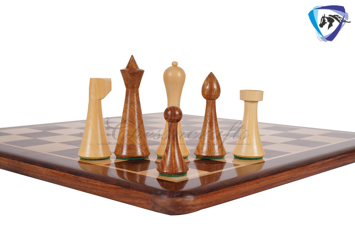 COMBO of Herman Ohme chess set w/ 16" Rosewood chess board - Minimalist Mid Century Chess coins King 3.75" Weighted Extra Queens.