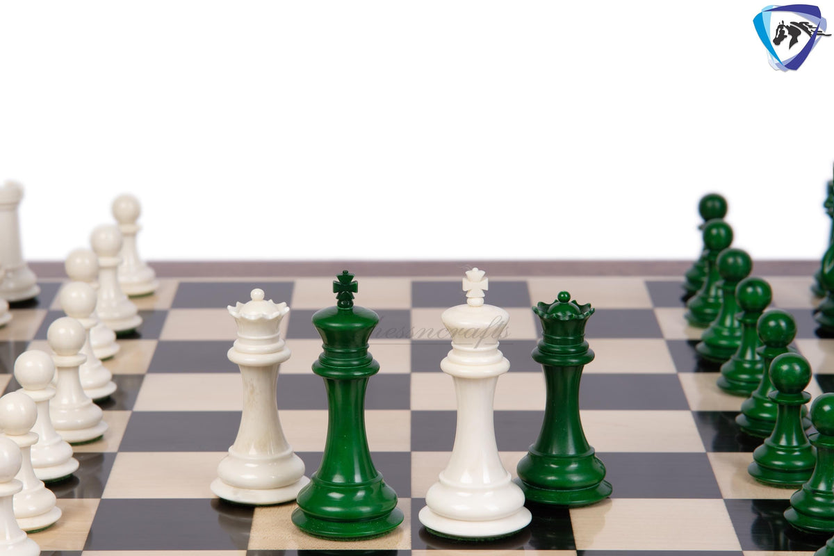 3.75" Camel Bone Staunton chess Pieces set- 1849 reproduced Cooke in Green-White + 21" Ebony wood chess board + Leather Storage Box