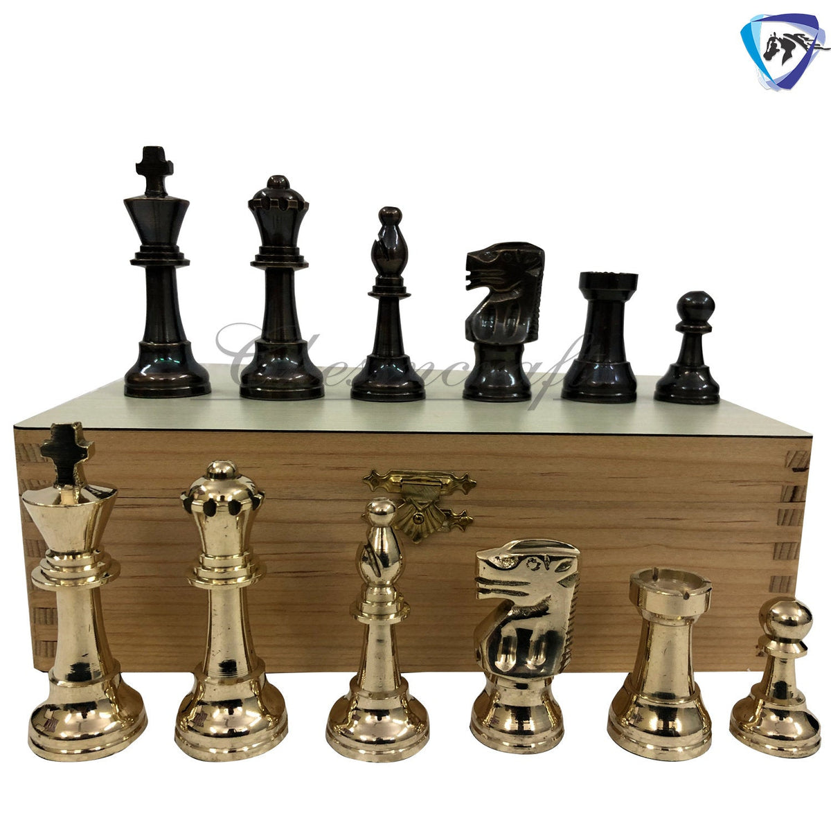 3.25" Brass Chess pieces set-Staunton Chess pieces-FRENCH LARDY in Gold & Antique polish  with Wooden storage box - Extra Queens ( 4Q)