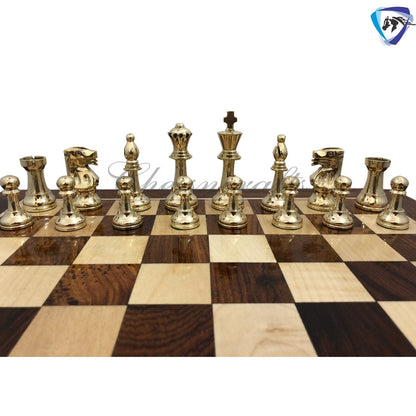 Brass Metal Staunton chess set & Rosewood chess board with storage 16"x16"- Glossy gold black chess men