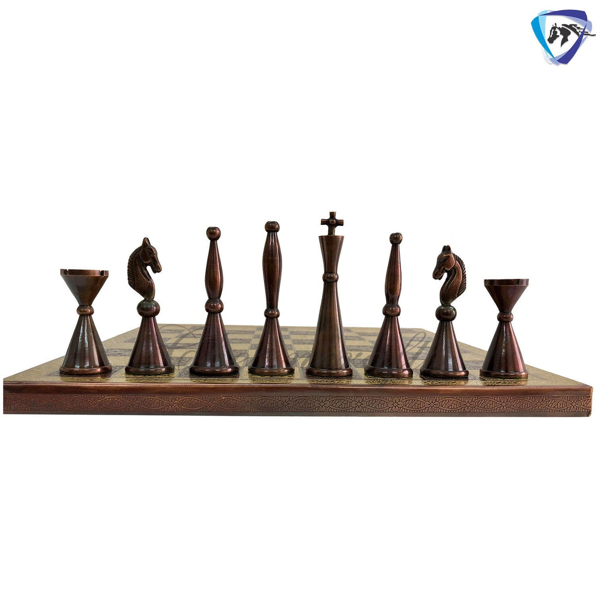 12" Brass Chess Board set- ART DECO TOWER Chess men with Hand Carved chess board + velvet storage box - Gift for Him- Chess Gift