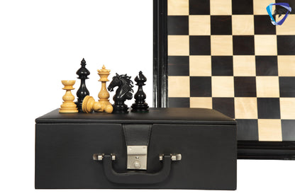 4.5" Staunton Ebony wood Chess pieces Set- WILD STALLION + 21" Ebony wood Chess Board STEPS border  + Leatherette storage Box.
