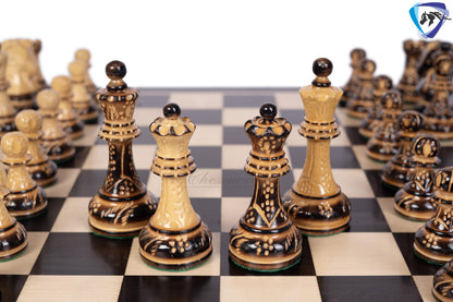 1950 Fischer Dubrovnik Burnt & Carved boxwood chess pieces set King-3.8" + 21" Ebonywood chess board(SQ:55MM) + Leather Storage box-Luxury