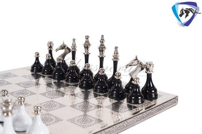 14" Brass Chess Board set- Modern Classic Hand carved- Soviet BLACK & WHITE EDITION chess pieces in velvet storage box - Chess Gift for Him
