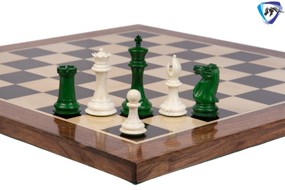 3.75" Camel Bone Staunton chess Pieces set- 1849 reproduced Cooke in Green-White + 21" Ebony wood chess board + Leather Storage Box