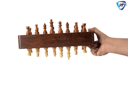 12" Foldable wooden chess board set - Magnetic chess pieces with extra queens - Rosewood Handmade travel chess with storage + cover