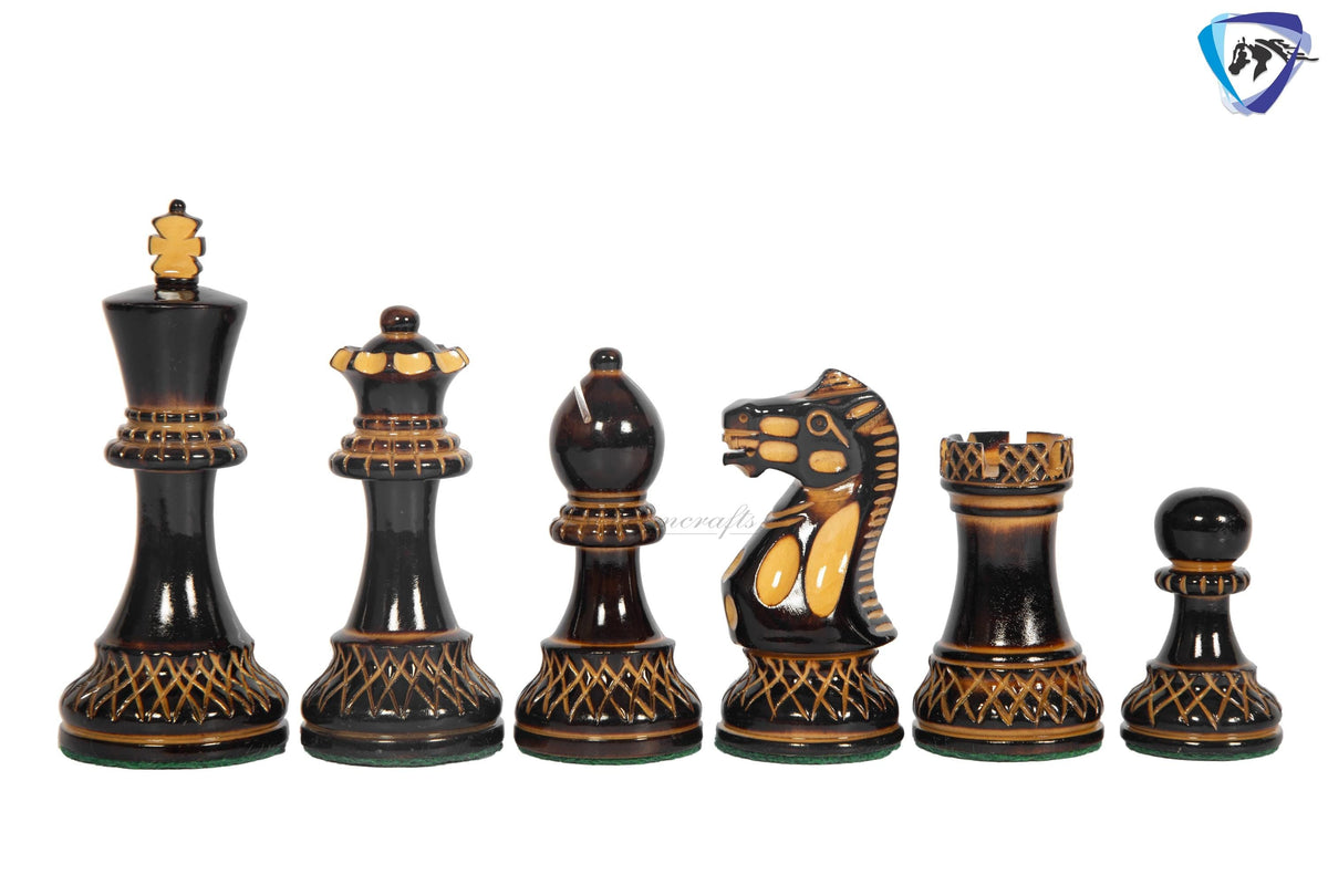 4" Staunton Chess Pieces set Burnt PARKER with Hand Carving broad base, Weighted + 19" Ebonywood chess board(sq 51mm) + Leather Storage Box