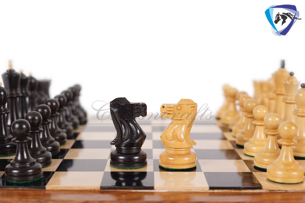 COMBO 3.75" Chess Pieces Set Soviet Grandmaster Supreme  Ebonised Boxwood + 16"(SQ:45mm) Ebonywood Chess Board - Chess Board Set