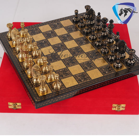 14" & 12" Brass Metal Chess Board Game Set Hand Carved With Brass chess pieces - Chess Board Set With Box-Velvet(Gold - Black)