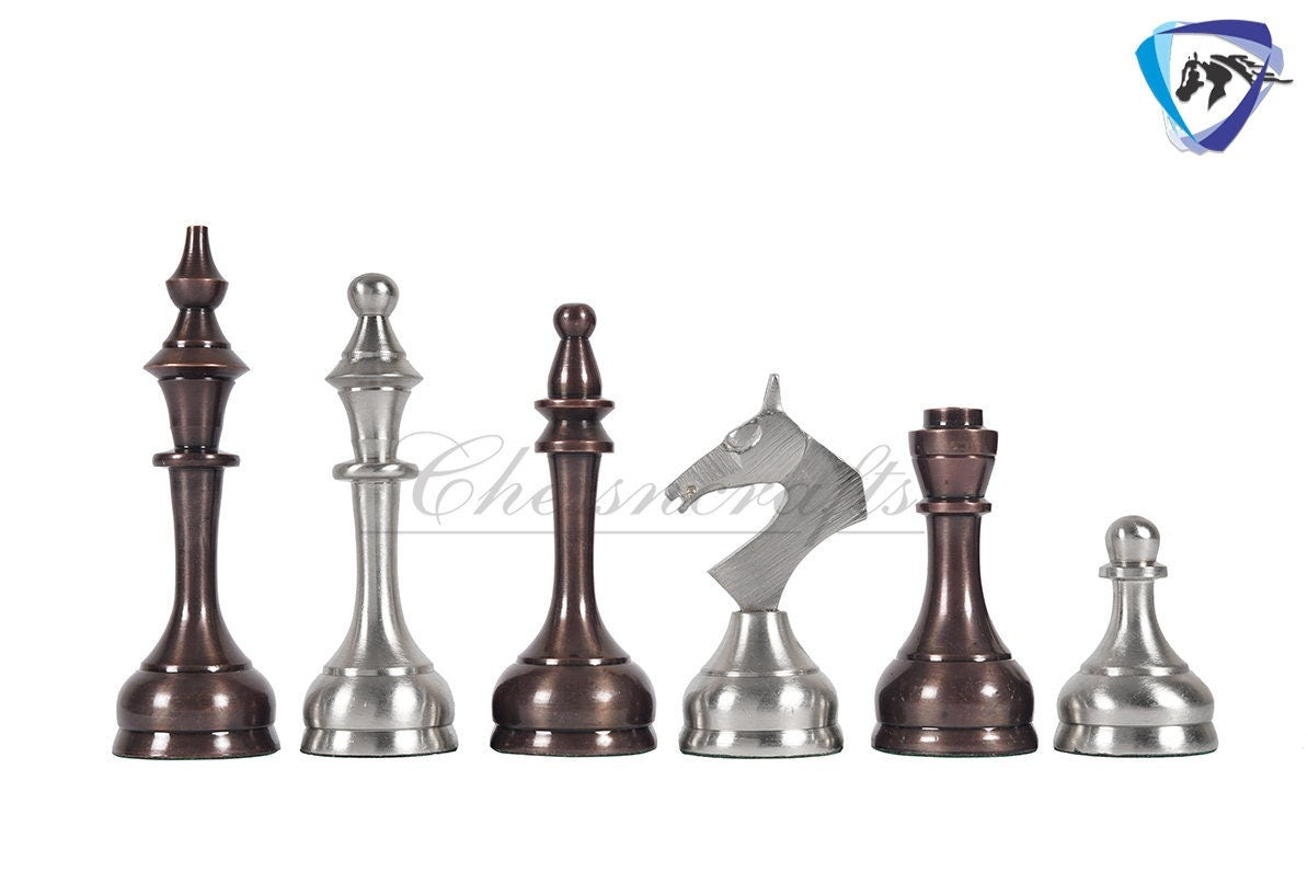 Brass Chess pieces set Modern classic Series SILVER & COPPER ANTIQUE polish King: 3.9" Solid Brass Chess pieces | Chess Gift for Him