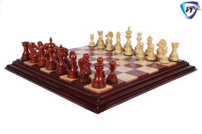 Wooden Staunton Chess Set-King: 4.5" Bud Rose wood -BRIDLED  + 21" Bud Rose wood Chess board STEP BORDER with Storage Box.