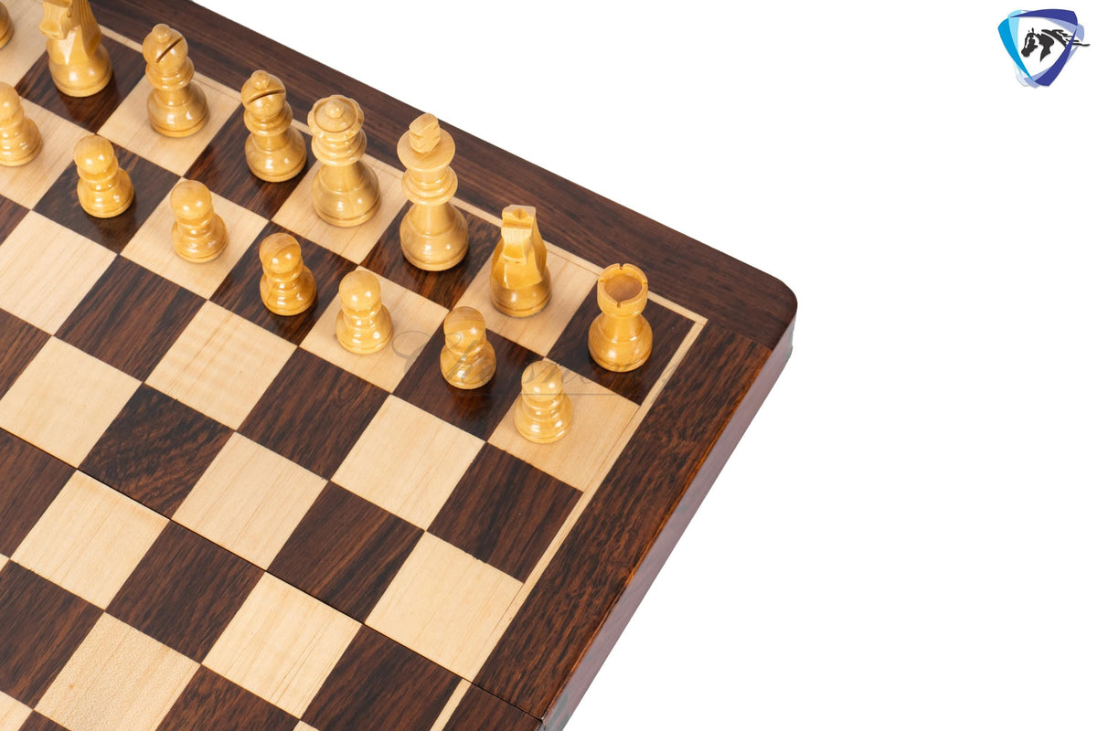 12" Foldable wooden chess board set - Magnetic chess pieces with extra queens - Rosewood Handmade travel chess with storage + cover