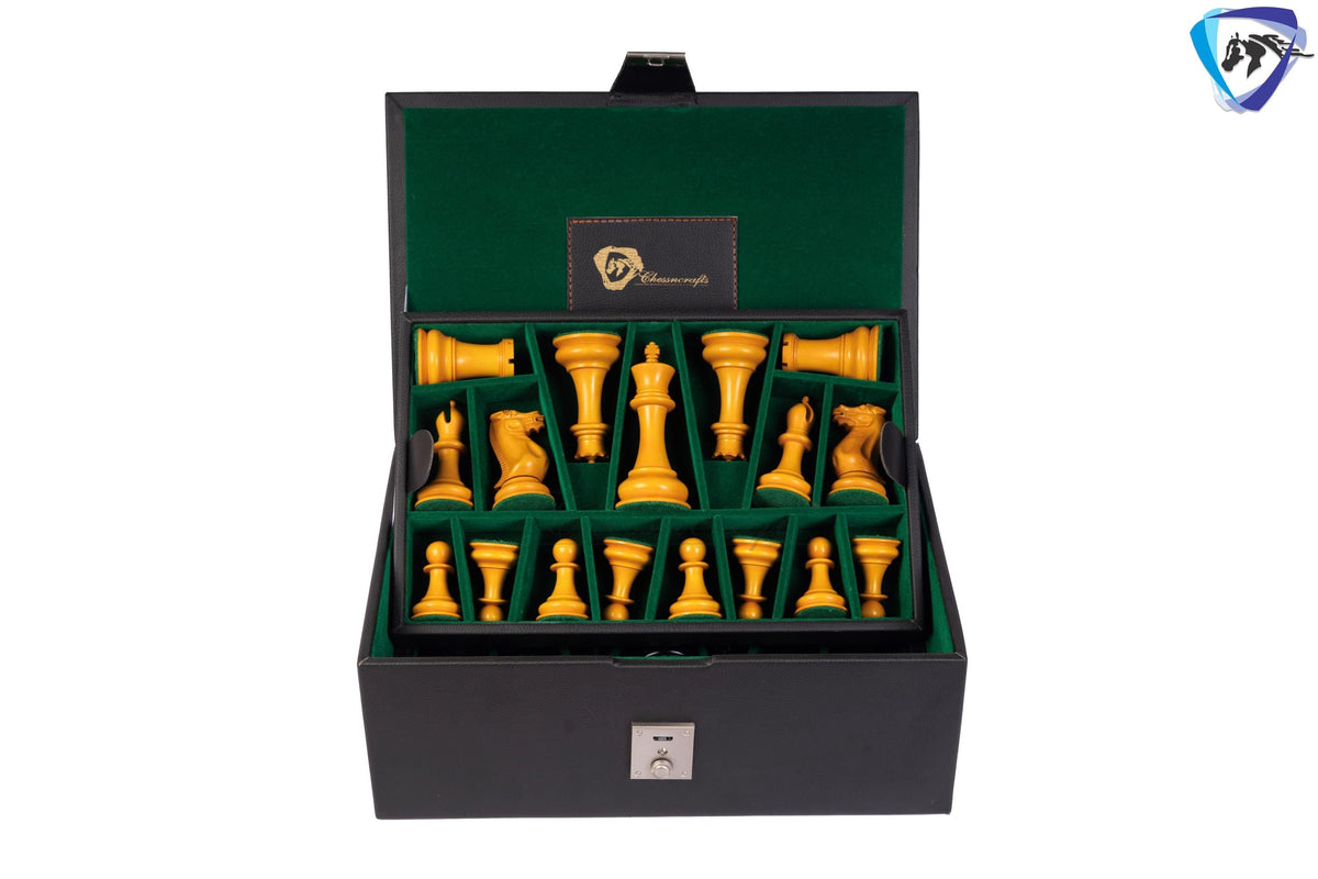 1849 Staunton Chess Pieces Set in Antiqued Boxwood & Ebony wood- 4.5" King + 21" Ebony look chess board(sq 55mm) + Leather Storage box