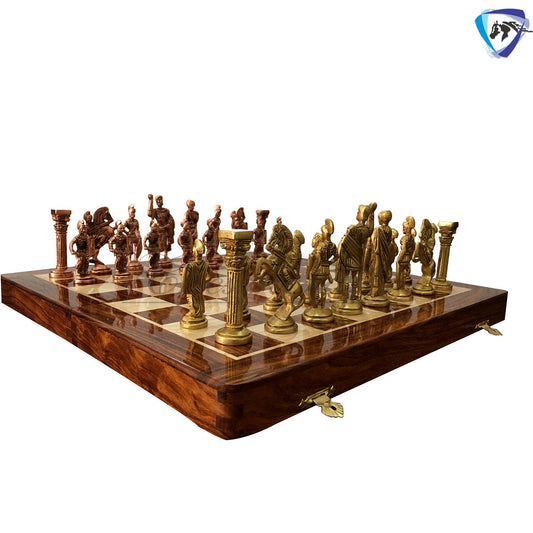 Folding Brass Roman chess figures & rosewood chess board set with storage of chess men.