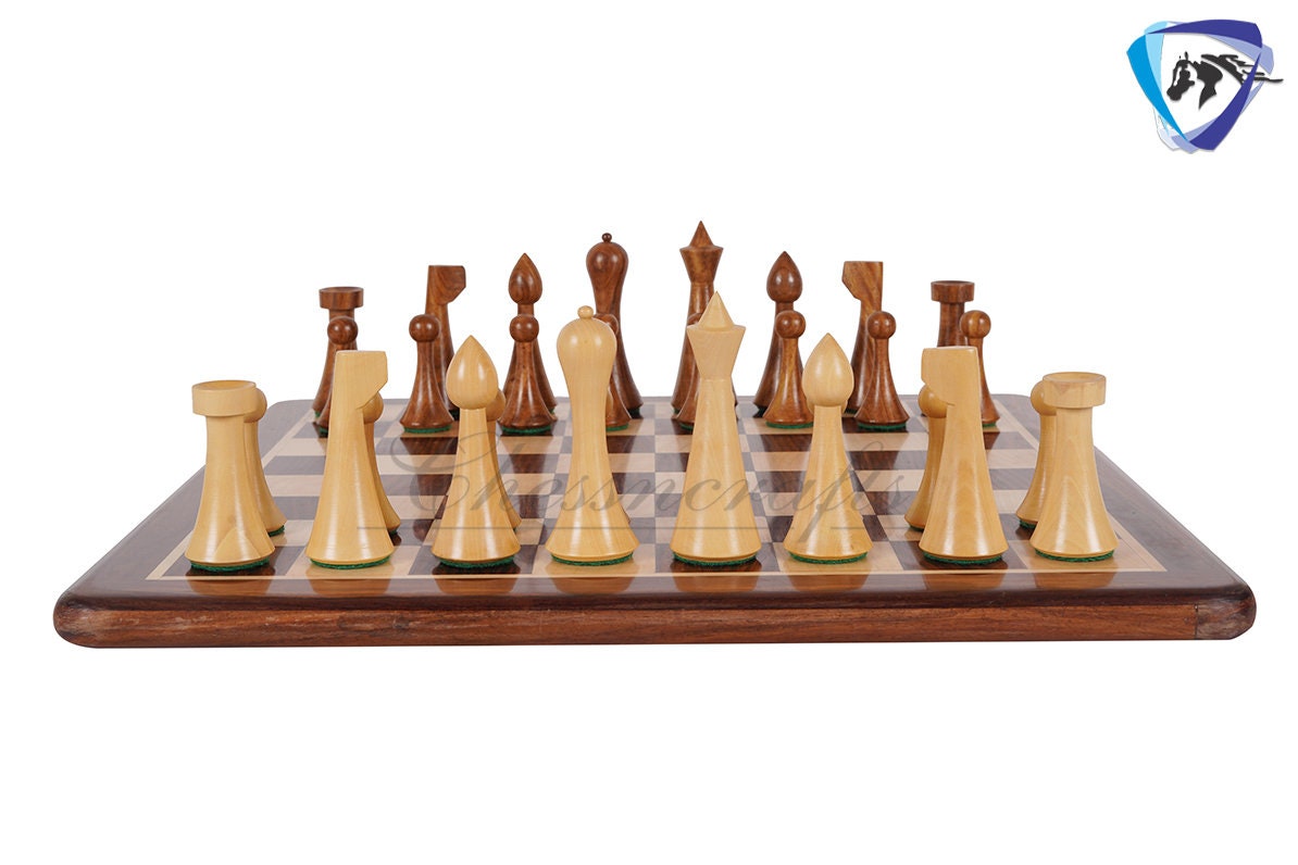 COMBO of Herman Ohme chess set w/ 16" Rosewood chess board - Minimalist Mid Century Chess coins King 3.75" Weighted Extra Queens.