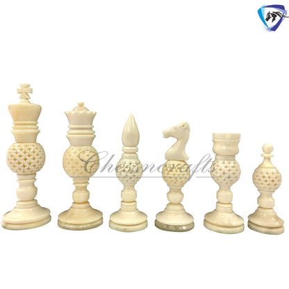 Bone chess pieces set king 4.1" hand carved camel bone chess set MESH BALL DESIGN