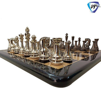 4.4" Brass Metal Russian Zagreb chess pieces set Reproduction Antique & Silver polish / 21" Ebonywood Chess Board Combo- Chess Gift.