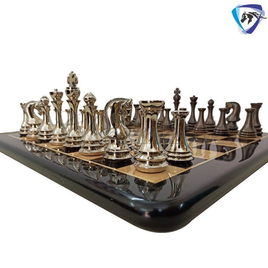 4.4" Brass Metal Russian Zagreb chess pieces set Reproduction Antique & Silver polish / 21" Ebonywood Chess Board Combo- Chess Gift.