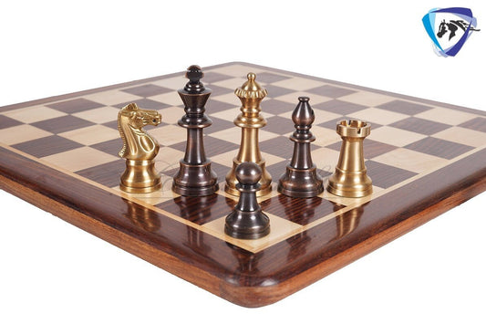 1849 Reproduced Staunton chess pieces set in Brass Metal Antique & Gold polish King: 3.4" + 16" Golden rosewood Chess Board + Storage Box