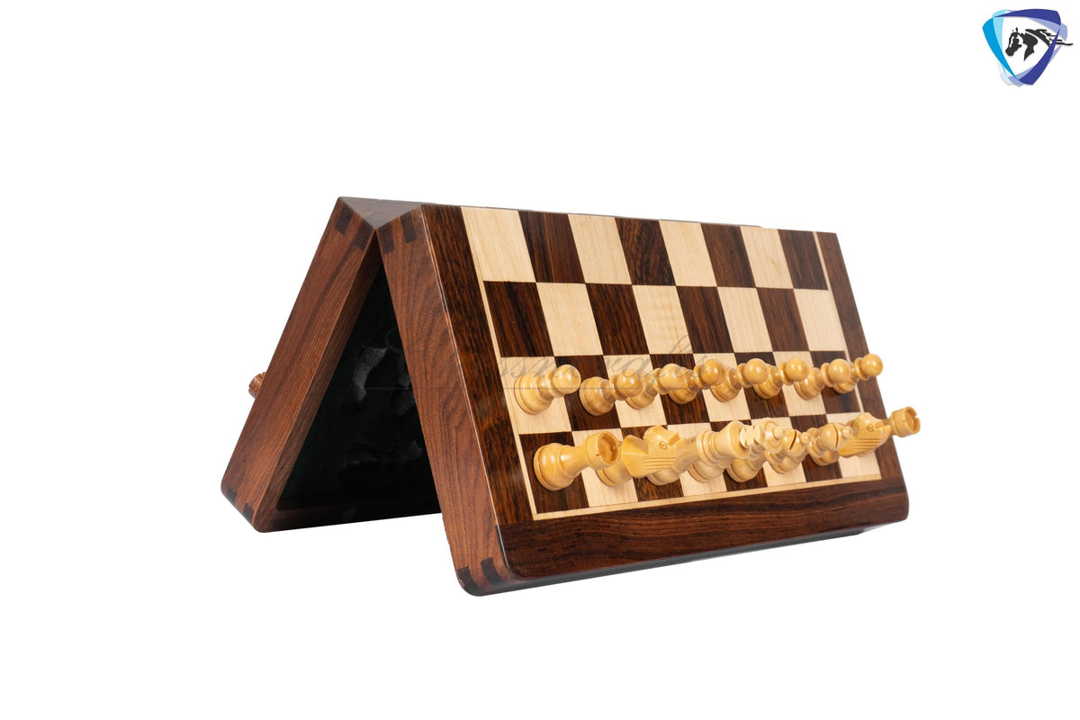 12" Foldable wooden chess board set - Magnetic chess pieces with extra queens - Rosewood Handmade travel chess with storage + cover