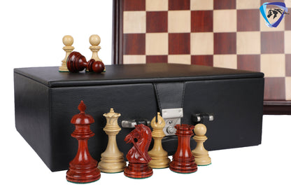 Wooden Staunton Chess Set-King: 4.5" Bud Rose wood -BRIDLED  + 21" Bud Rose wood Chess board STEP BORDER with Storage Box.