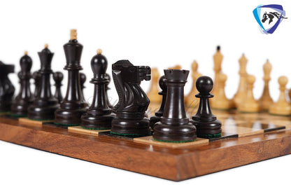 COMBO 3.75" Chess Pieces Set Soviet Grandmaster Supreme  Ebonised Boxwood + 16"(SQ:45mm) Ebonywood Chess Board - Chess Board Set