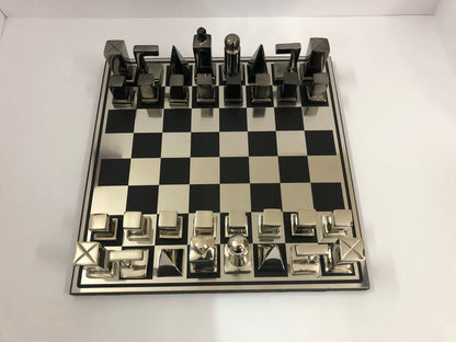 14" Metal chess Board Set- BAUHAUS INSPIRED Unique design-Black & Silver/Gold Metal Chess pieces-Chess gift- Luxury Metal chess Set